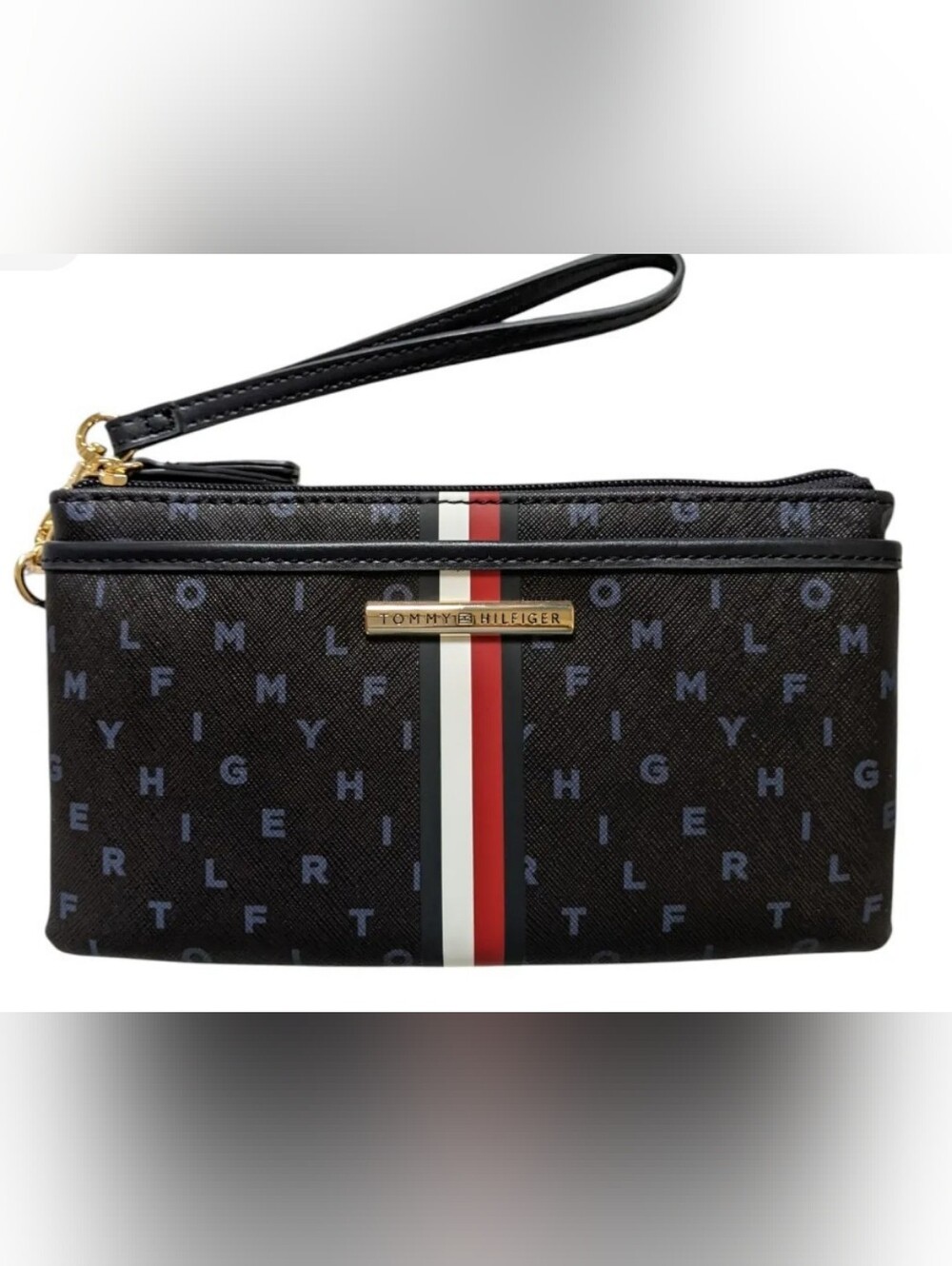 Tommy Hilfiger- Navy Logo Monogram Stripe Wristlet.